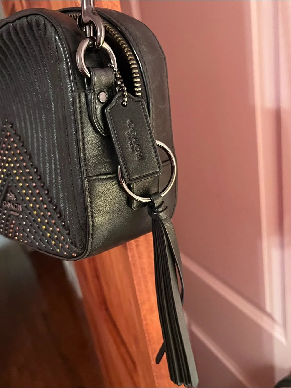 Coach Black Leather Crossbody with Multicolor / Rainbow Stud Chevron